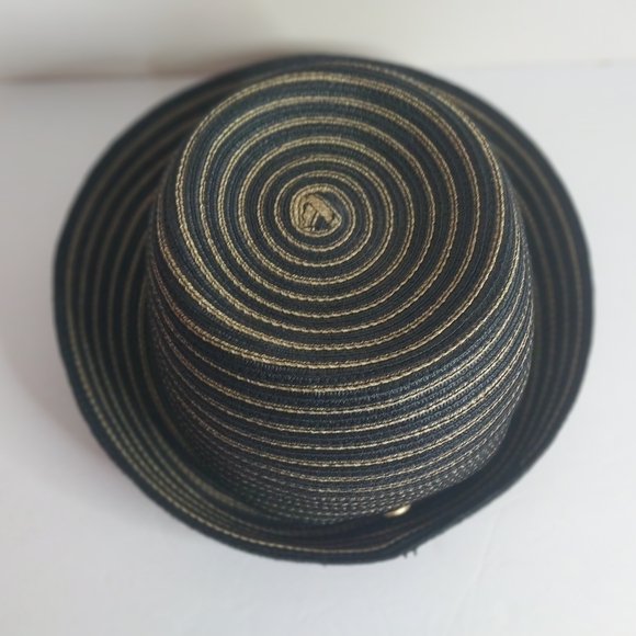 Eric Javits Navy and Natural Straw Hat with Gold Logo Button main image 7